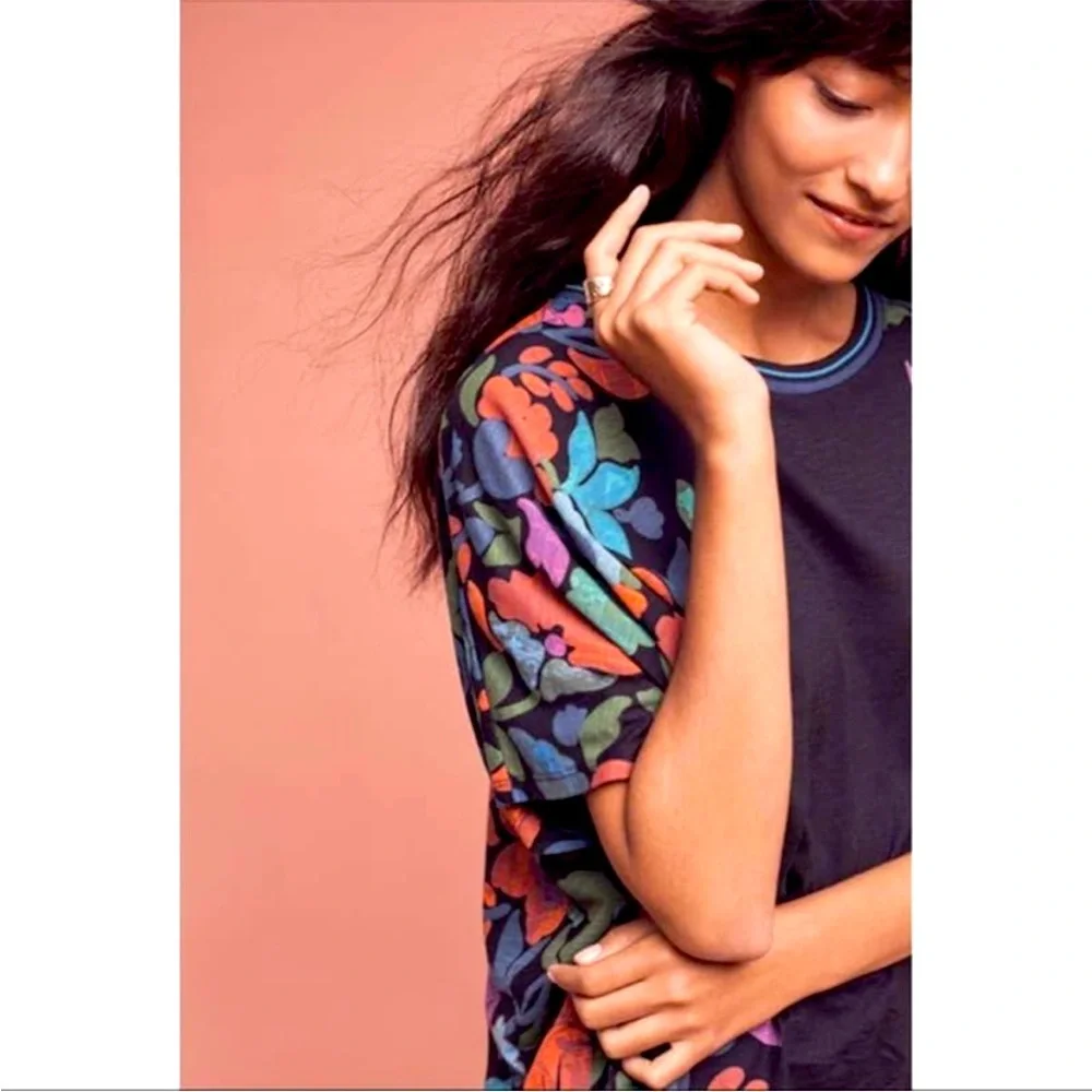 Anthropologie Black Floral-Accent Tee with Multicolor Blooms - Picture 3 of 8